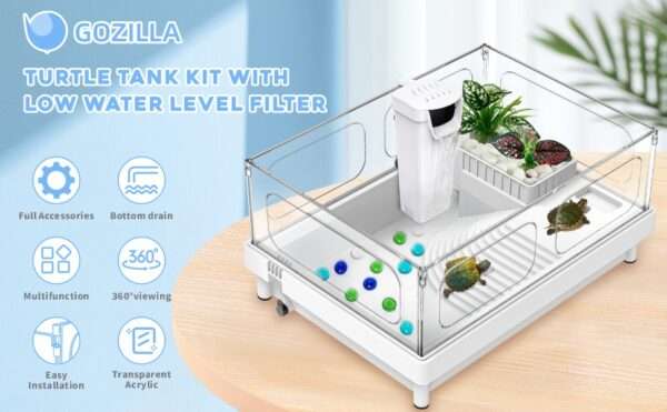 Un kit completo de inicio para tortugas, mostrando un acuario de acrílico con sus medidas, un filtro, una plataforma y otros accesorios.