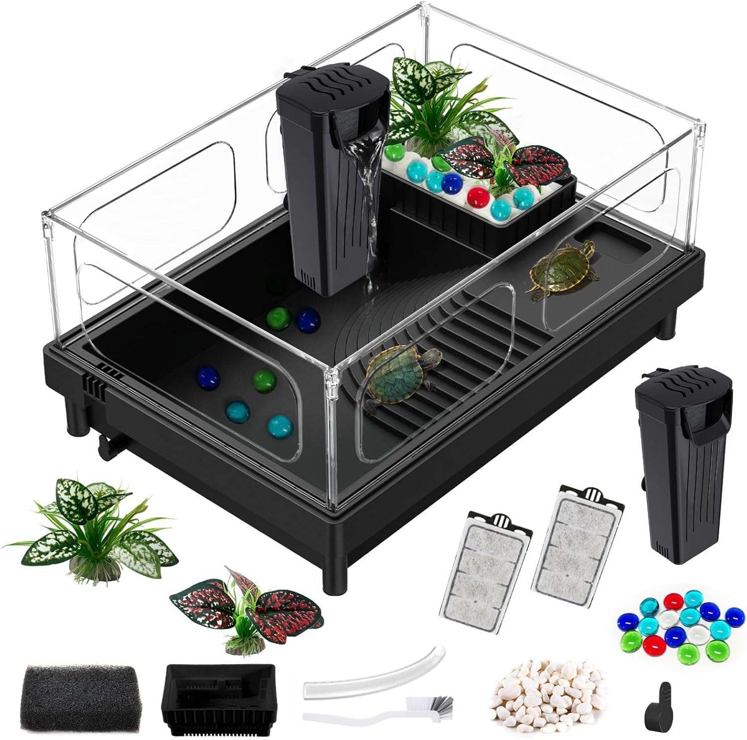 Un kit completo de inicio para tortugas, mostrando un acuario de acrílico con sus medidas, un filtro, una plataforma y otros accesorios.