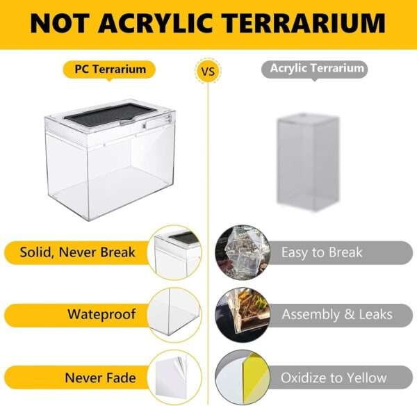 Un kit completo de inicio para reptiles, que muestra un mini terrario, pinzas, termómetro, cueva y otros accesorios esenciales.