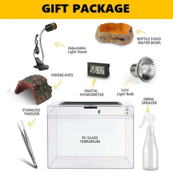 Un kit completo de inicio para reptiles, que muestra un mini terrario, pinzas, termómetro, cueva y otros accesorios esenciales.