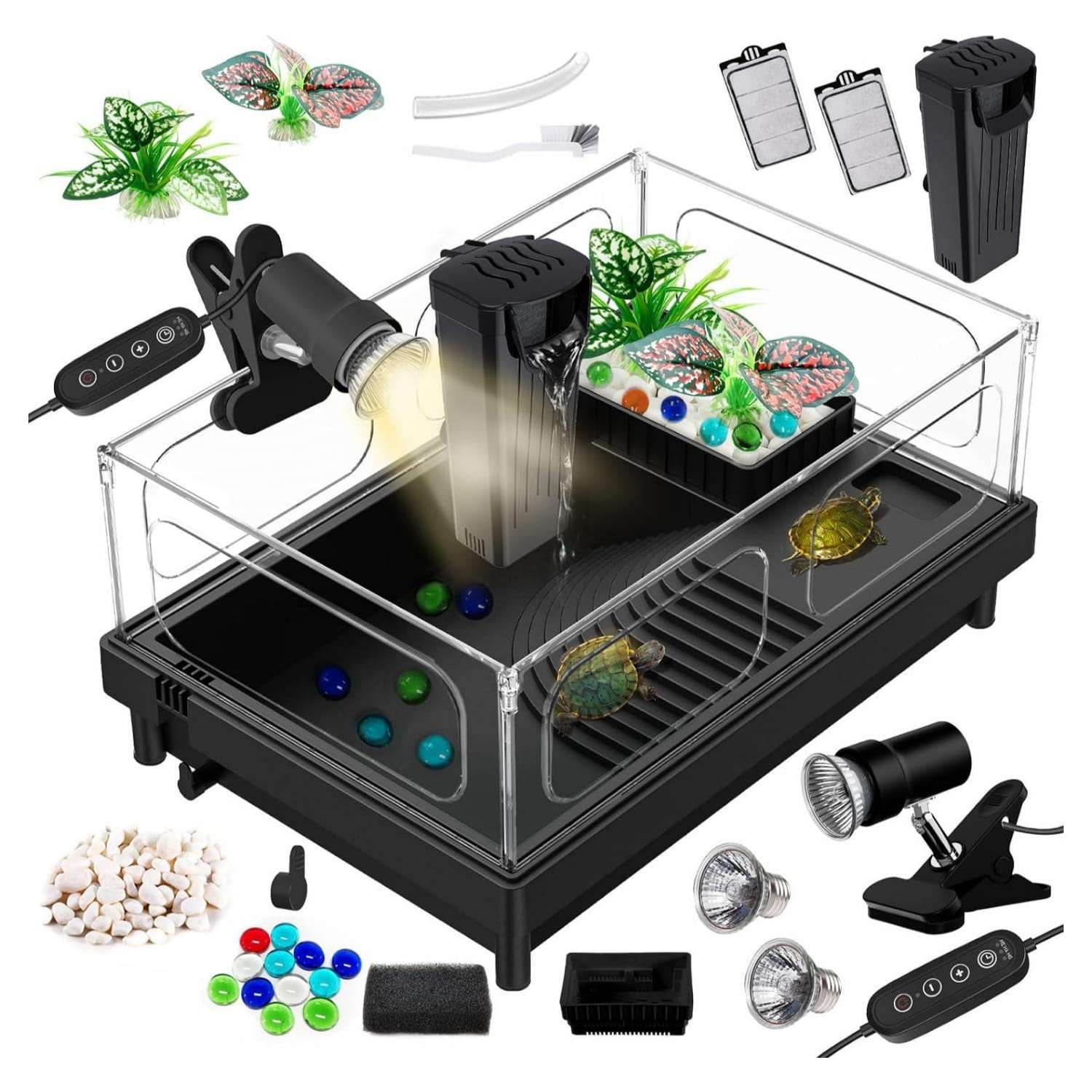 Un kit completo de inicio para tortugas, mostrando un acuario de acrílico con sus medidas, una lámpara, un filtro y otros accesorios esenciales.