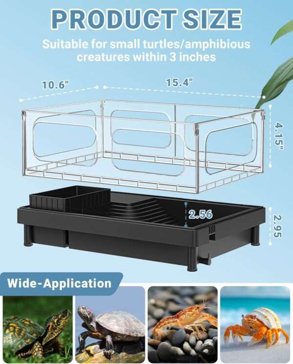 Un kit completo de inicio para tortugas, mostrando un acuario de acrílico con sus medidas, una lámpara, un filtro y otros accesorios esenciales.
