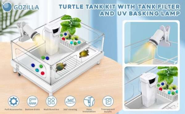Un kit completo de inicio para tortugas, mostrando un acuario de acrílico con sus medidas, una lámpara, un filtro y otros accesorios esenciales.