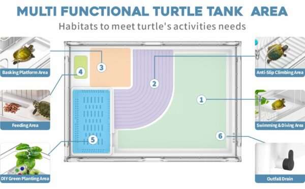 Un kit completo de inicio para tortugas, mostrando un acuario de acrílico con sus medidas, una lámpara, un filtro y otros accesorios esenciales.