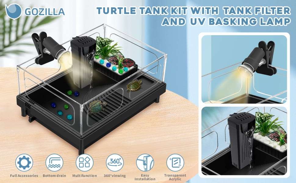Un kit completo de inicio para tortugas, mostrando un acuario de acrílico con sus medidas, una lámpara, un filtro y otros accesorios esenciales.