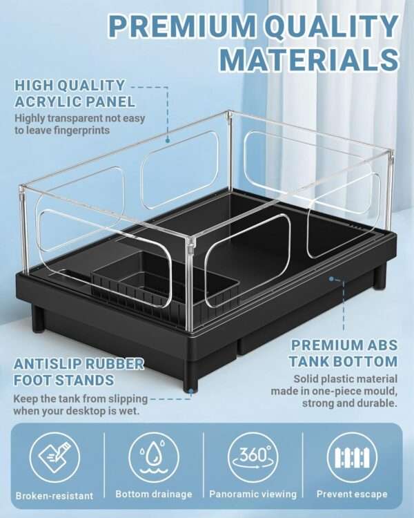 Un kit completo de inicio para tortugas, mostrando un acuario de acrílico con sus medidas, una lámpara, un filtro y otros accesorios esenciales.