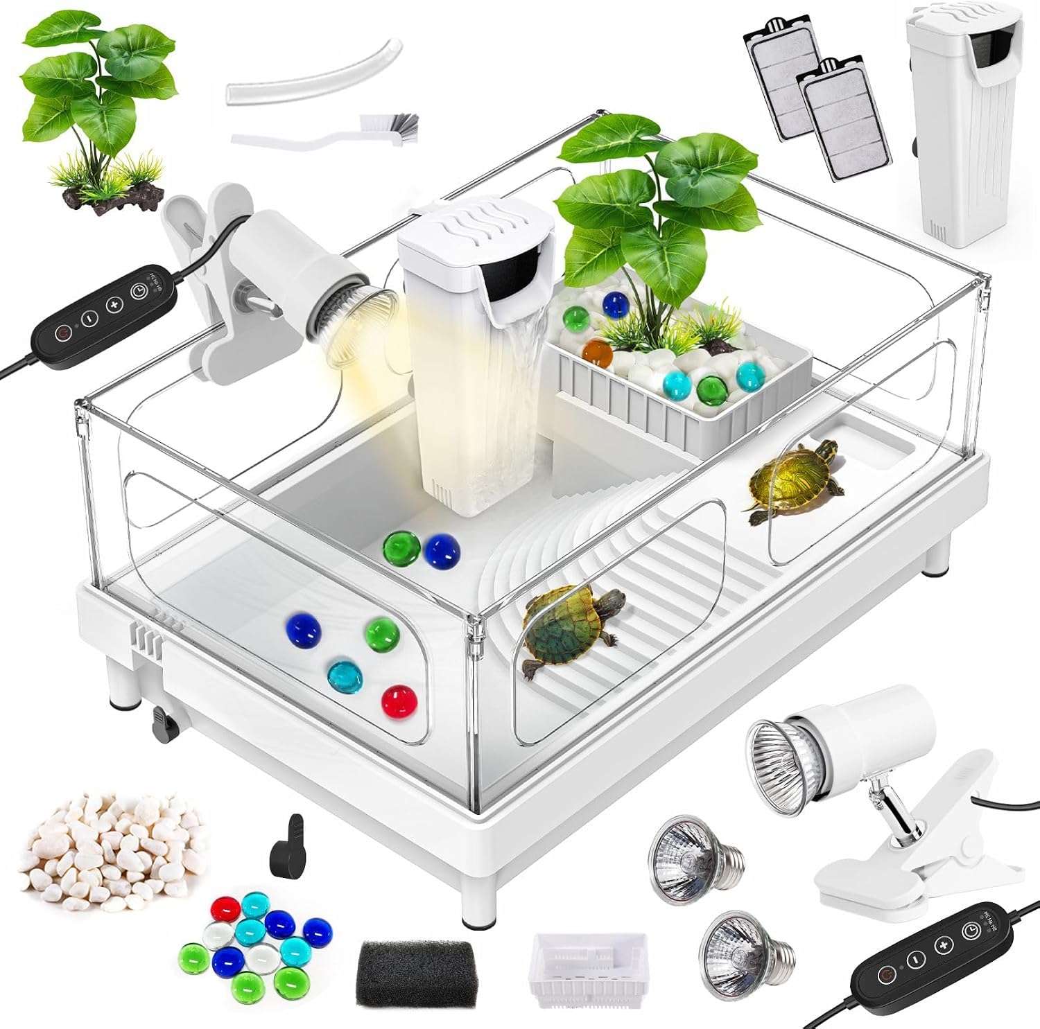 Un kit completo de inicio para tortugas, mostrando un acuario de acrílico con sus medidas, una lámpara, un filtro y otros accesorios esenciales.