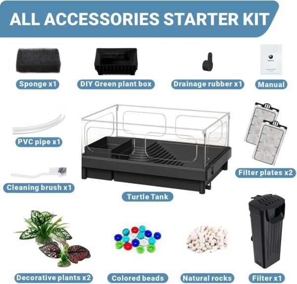 Un kit completo de inicio para tortugas, mostrando un acuario de acrílico con sus medidas, una lámpara, un filtro y otros accesorios esenciales.