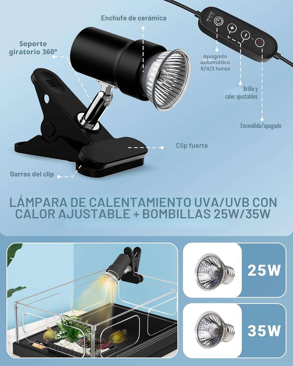 Un kit completo de inicio para tortugas, mostrando un acuario de acrílico con sus medidas, una lámpara, un filtro y otros accesorios esenciales.