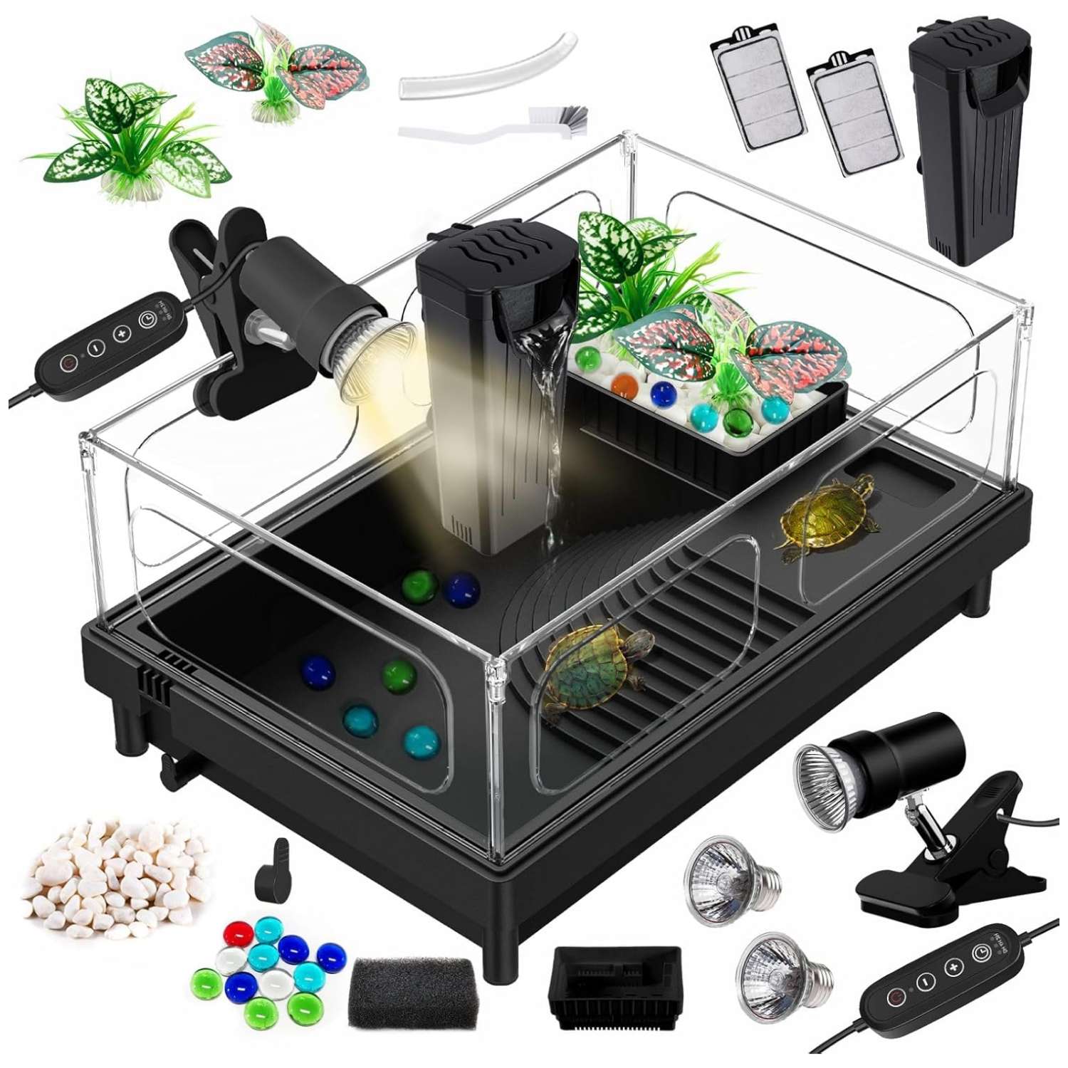 Un kit completo de inicio para tortugas, mostrando un acuario de acrílico con sus medidas, una lámpara, un filtro y otros accesorios esenciales.