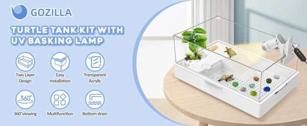 Un kit completo de inicio para tortugas, mostrando un acuario de acrílico con sus medidas, una bomba de agua, una lámpara y otros accesorios.