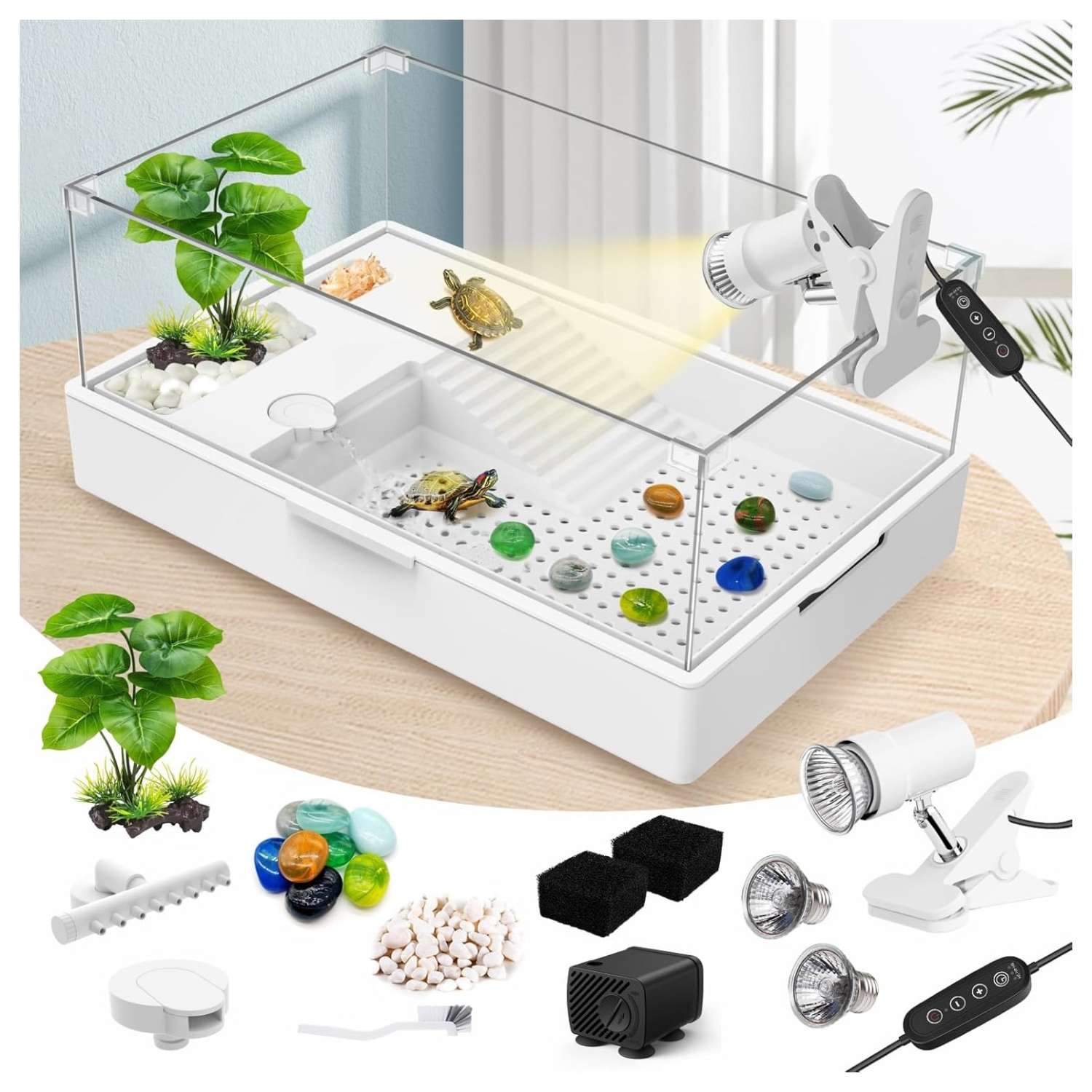 Un kit completo de inicio para tortugas, mostrando un acuario de acrílico con sus medidas, una bomba de agua, una lámpara y otros accesorios.