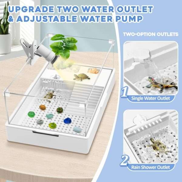Un kit completo de inicio para tortugas, mostrando un acuario de acrílico con sus medidas, una bomba de agua, una lámpara y otros accesorios.