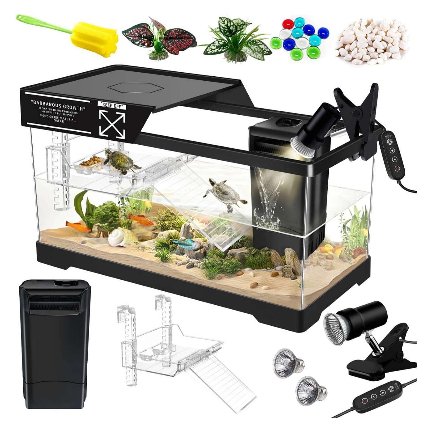 Un kit completo para tortugas de agua, mostrando un acuario de policarbonato con lámpara, filtro y accesorios esenciales.
