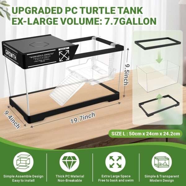 Un kit completo para tortugas de agua, mostrando un acuario de policarbonato con lámpara, filtro y accesorios esenciales.