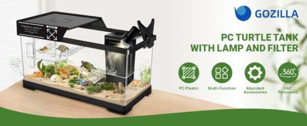 Un kit completo para tortugas de agua, mostrando un acuario de policarbonato con lámpara, filtro y accesorios esenciales.
