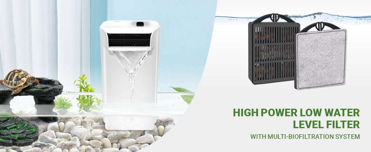 Un kit completo para tortugas de agua, mostrando un acuario de policarbonato con lámpara, filtro y accesorios esenciales.