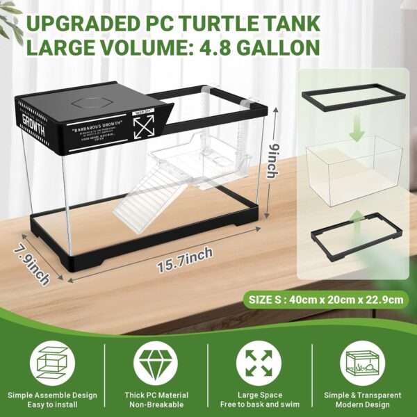 Un kit completo para tortugas de agua, mostrando un acuario de policarbonato con lámpara, filtro y accesorios esenciales.