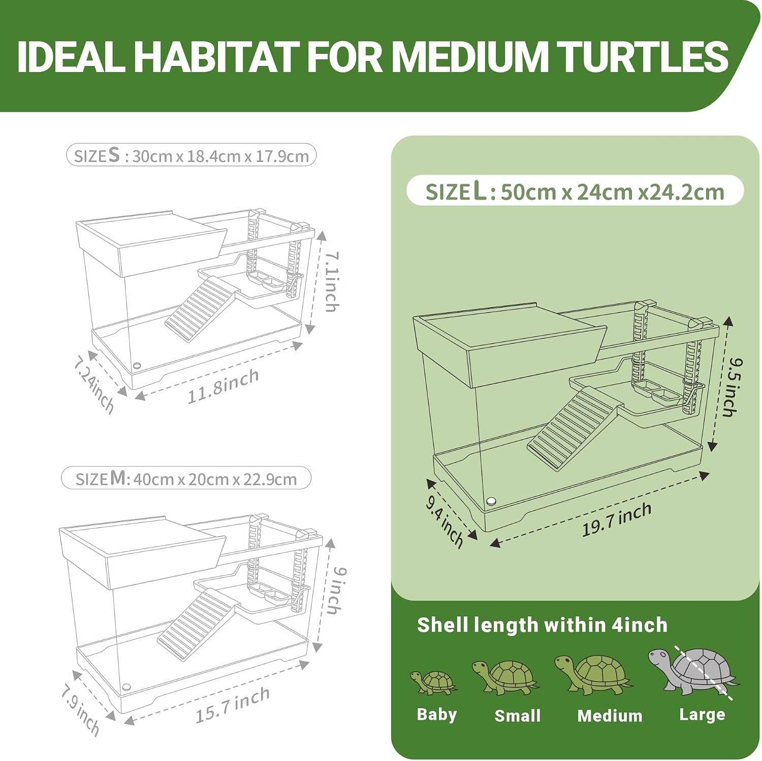 Un kit completo para tortugas de agua, mostrando un acuario de policarbonato con lámpara, filtro y accesorios esenciales.