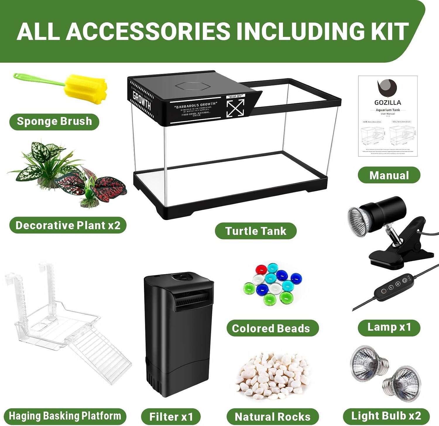 Un kit completo para tortugas de agua, mostrando un acuario de policarbonato con lámpara, filtro y accesorios esenciales.