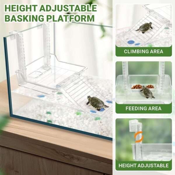 Un kit completo para tortugas de agua, mostrando un acuario de policarbonato con lámpara, filtro y accesorios esenciales.