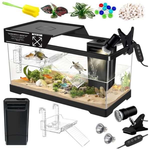 Un kit completo para tortugas de agua, mostrando un acuario de policarbonato con lámpara, filtro y accesorios esenciales.