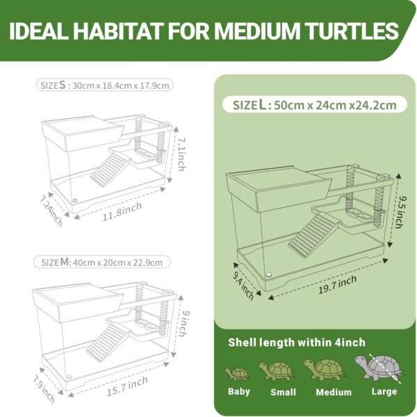 Un kit completo para tortugas de agua, mostrando un acuario de policarbonato con lámpara, filtro y accesorios esenciales.