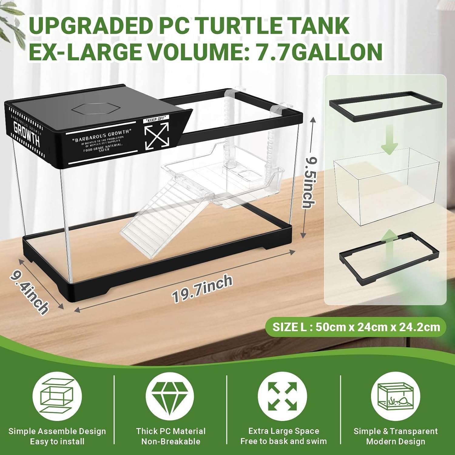 Un kit completo para tortugas de agua, mostrando un acuario de policarbonato con lámpara, filtro y accesorios esenciales.