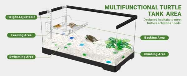 Un kit completo para tortugas de agua, mostrando un acuario de policarbonato con lámpara, filtro y accesorios esenciales.