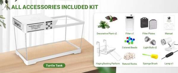 Un kit completo para tortugas de agua, mostrando un acuario de policarbonato con lámpara, filtro y accesorios esenciales.