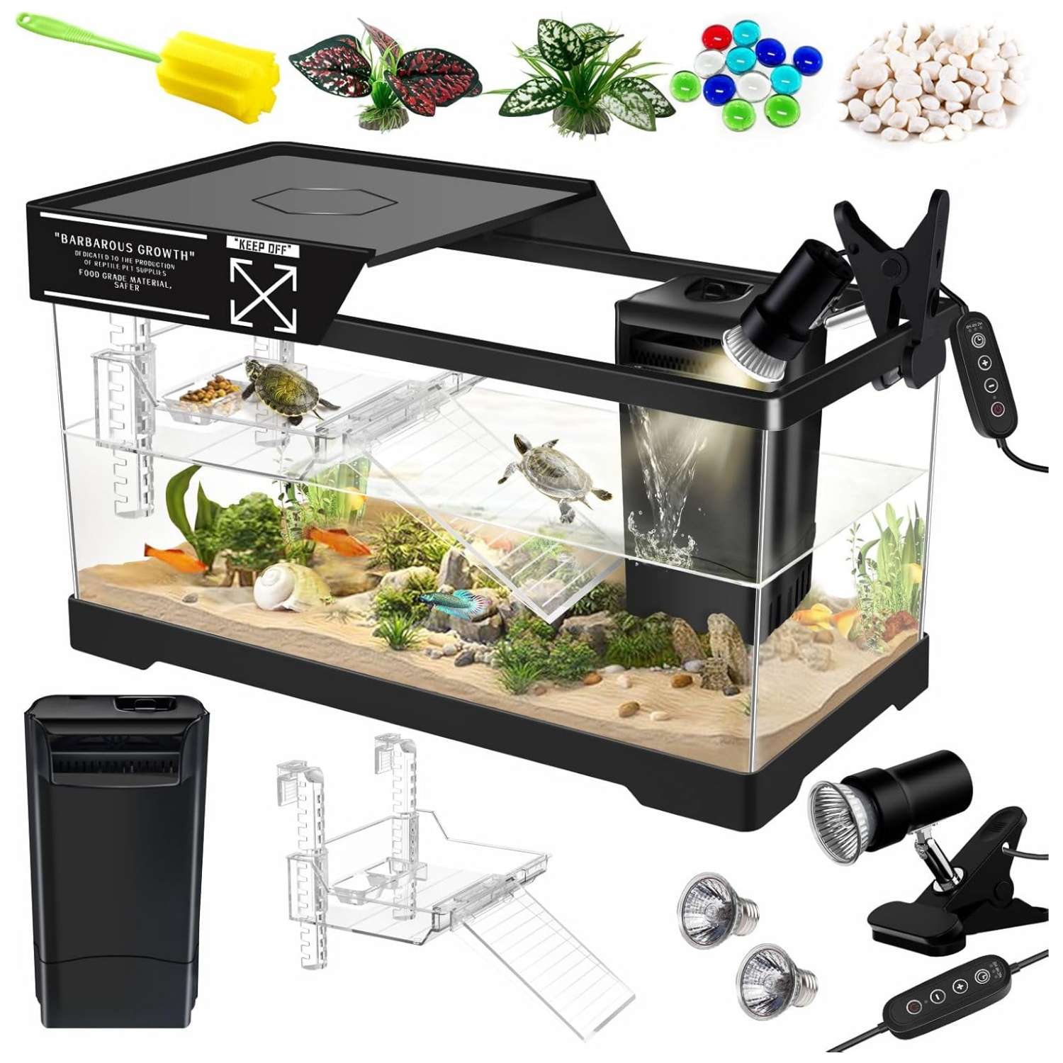 Un kit completo para tortugas de agua, mostrando un acuario de policarbonato con lámpara, filtro y accesorios esenciales.