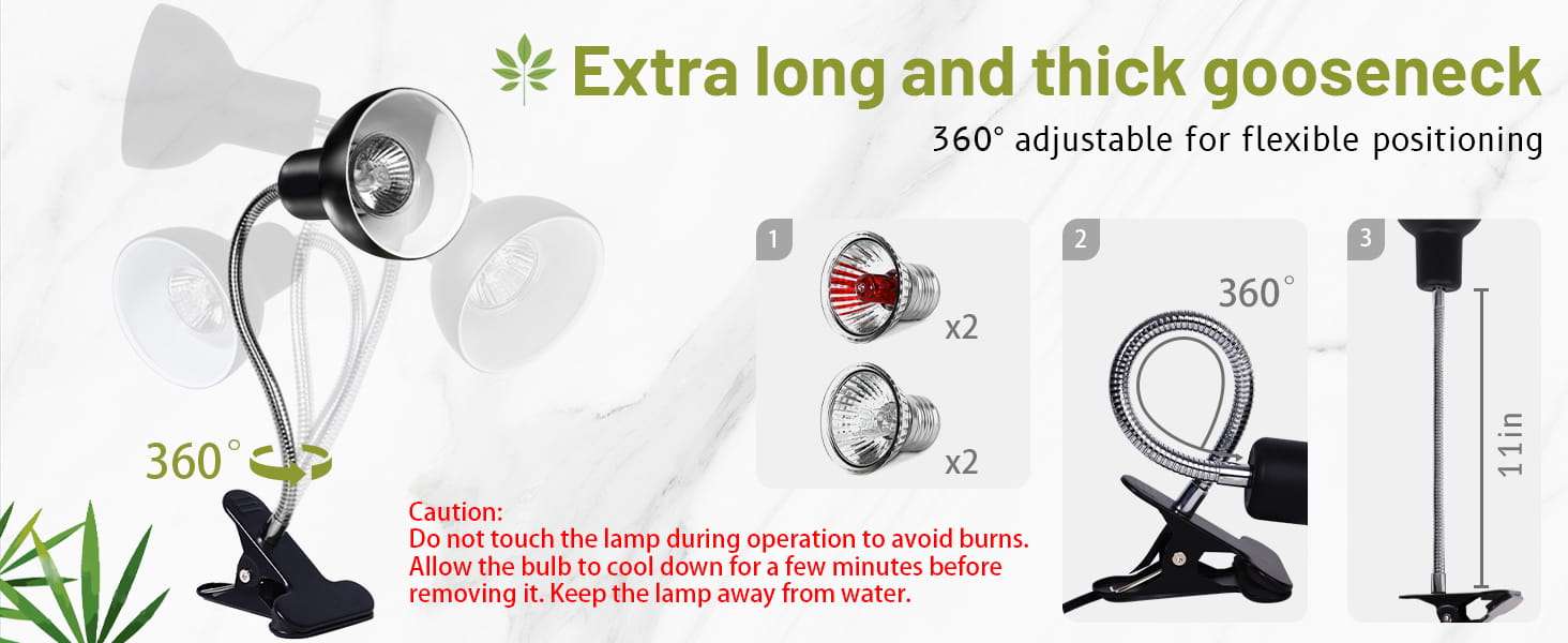 Kit de lámpara de cuello de cisne 360° con clip de metal, incluye 4 bombillas de 75W (UVA/Infrarrojo) y temporizador.
