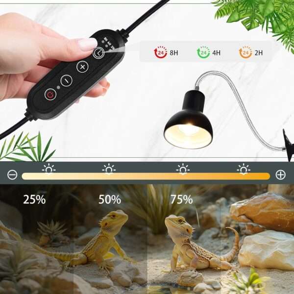 Kit de lámpara de cuello de cisne 360° con clip de metal, incluye 4 bombillas de 75W (UVA/Infrarrojo) y temporizador.