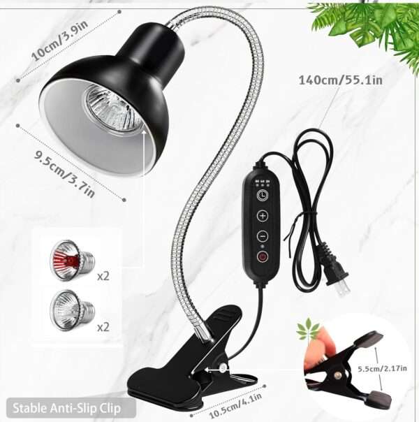 Kit de lámpara de cuello de cisne 360° con clip de metal, incluye 4 bombillas de 75W (UVA/Infrarrojo) y temporizador.