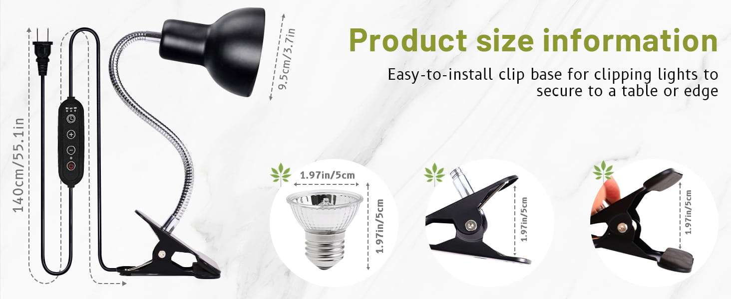 Kit de lámpara de cuello de cisne 360° con clip de metal, incluye 4 bombillas de 75W (UVA/Infrarrojo) y temporizador.