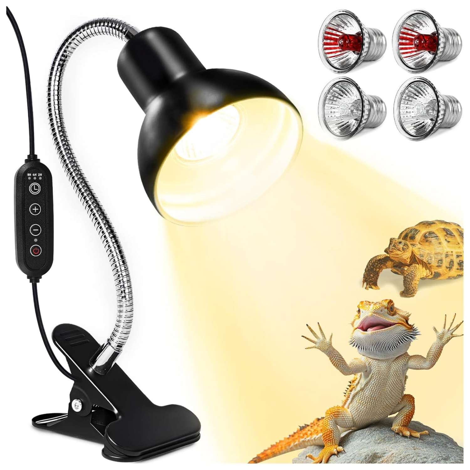 Kit de lámpara de cuello de cisne 360° con clip de metal, incluye 4 bombillas de 75W (UVA/Infrarrojo) y temporizador.