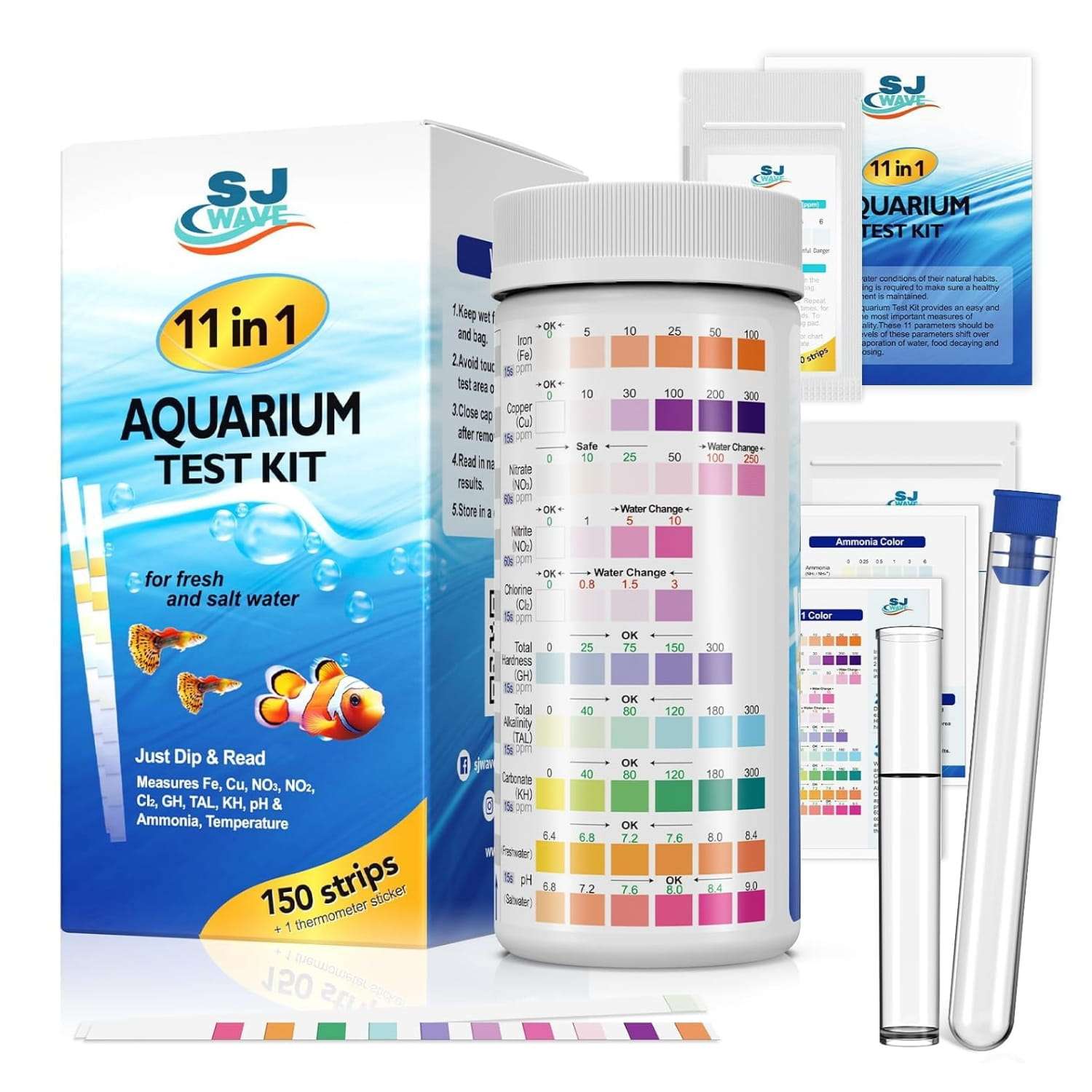 Kit de 150 tiras reactivas para acuario, mide 11 parámetros de agua, incluyendo amoníaco y nitrato.