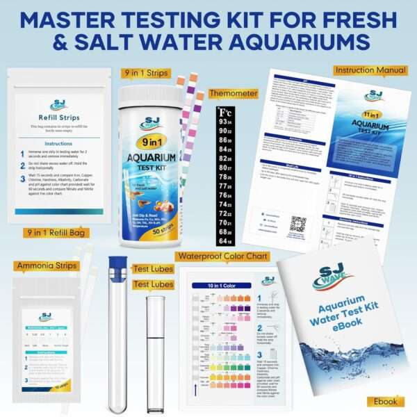 Kit de 150 tiras reactivas para acuario, mide 11 parámetros de agua, incluyendo amoníaco y nitrato.