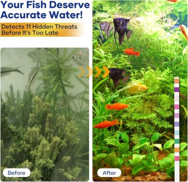 Kit de 150 tiras reactivas para acuario, mide 11 parámetros de agua, incluyendo amoníaco y nitrato.