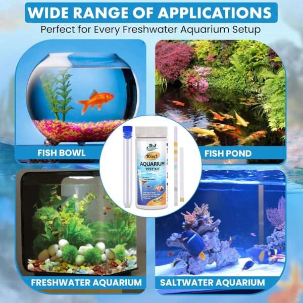 Kit de 150 tiras reactivas para acuario, mide 11 parámetros de agua, incluyendo amoníaco y nitrato.