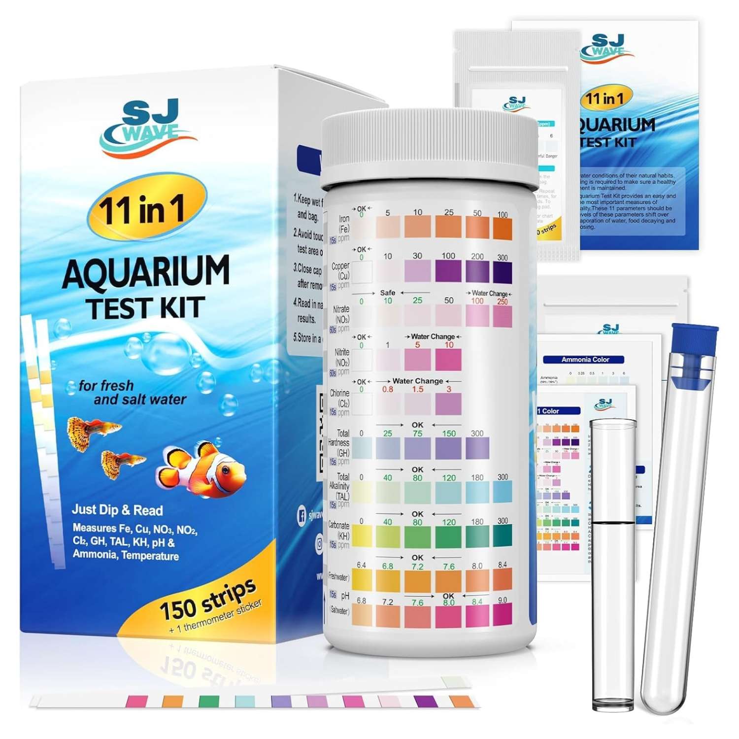 Kit de 150 tiras reactivas para acuario, mide 11 parámetros de agua, incluyendo amoníaco y nitrato.