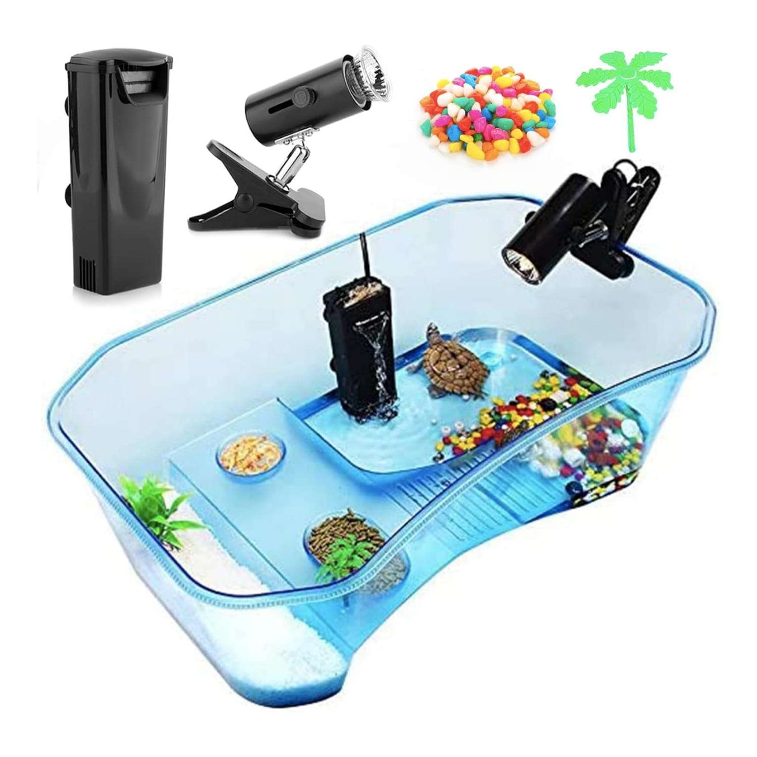 Un kit completo para tortugas, mostrando un acuario multifuncional de 40x13x24 cm, una lámpara, un filtro y otros accesorios.