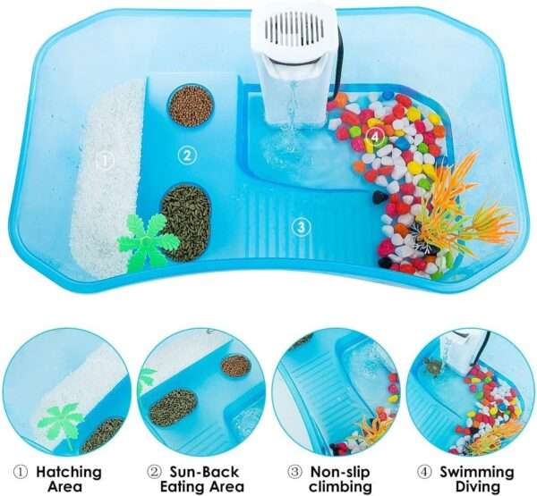 Un kit completo para tortugas, mostrando un acuario multifuncional de 40x13x24 cm, una lámpara, un filtro y otros accesorios.