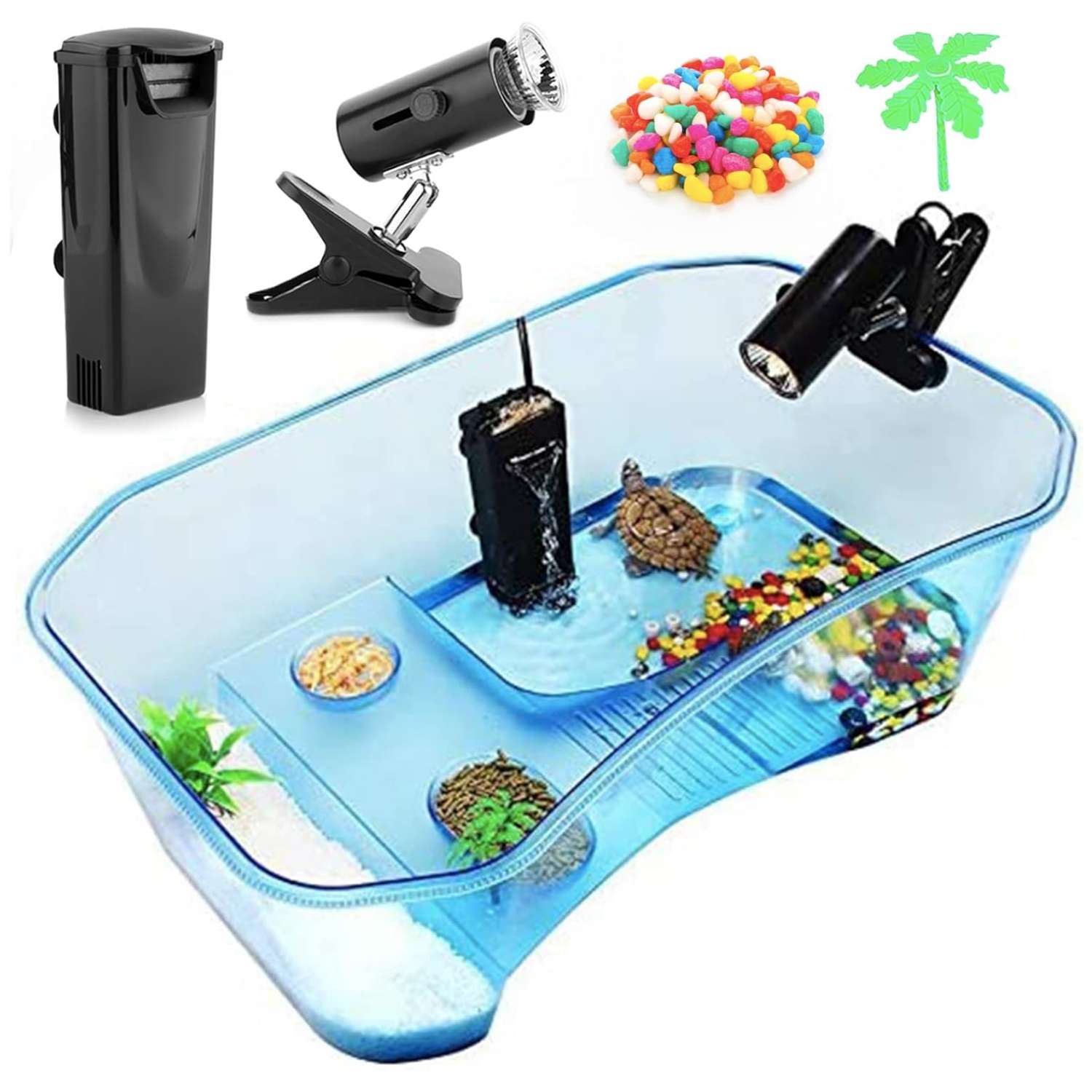 Un kit completo para tortugas, mostrando un acuario multifuncional de 40x13x24 cm, una lámpara, un filtro y otros accesorios.