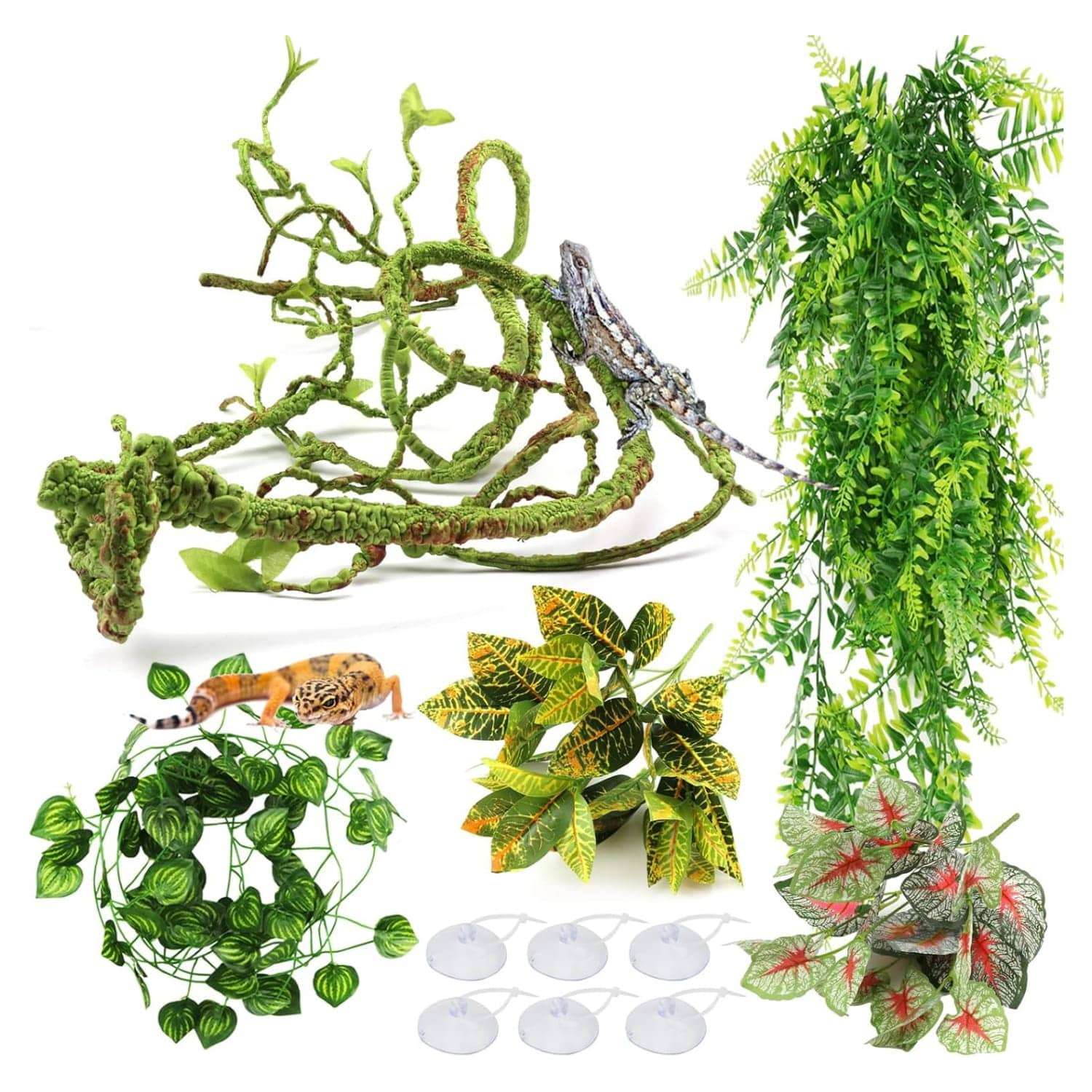 Kit de vides y hojas artificiales flexibles para terrario, con alambre interno y ventosas fuertes para reptiles.