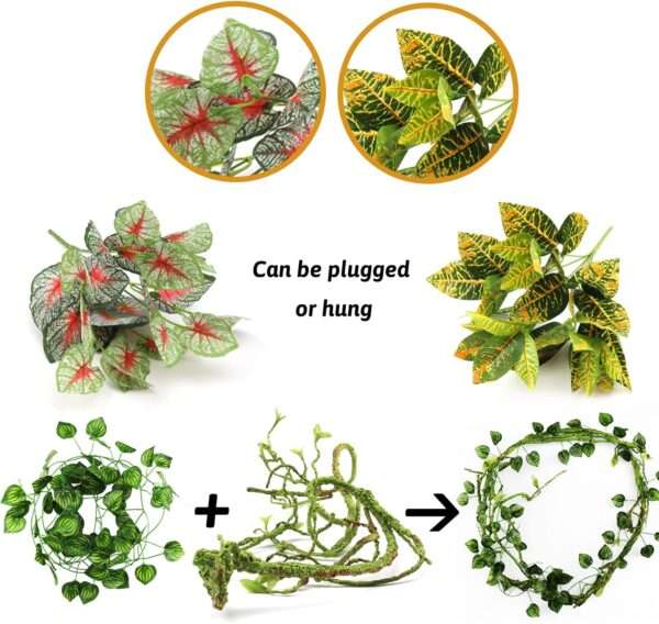 Kit de vides y hojas artificiales flexibles para terrario, con alambre interno y ventosas fuertes para reptiles.