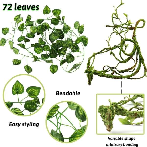 Kit de vides y hojas artificiales flexibles para terrario, con alambre interno y ventosas fuertes para reptiles.