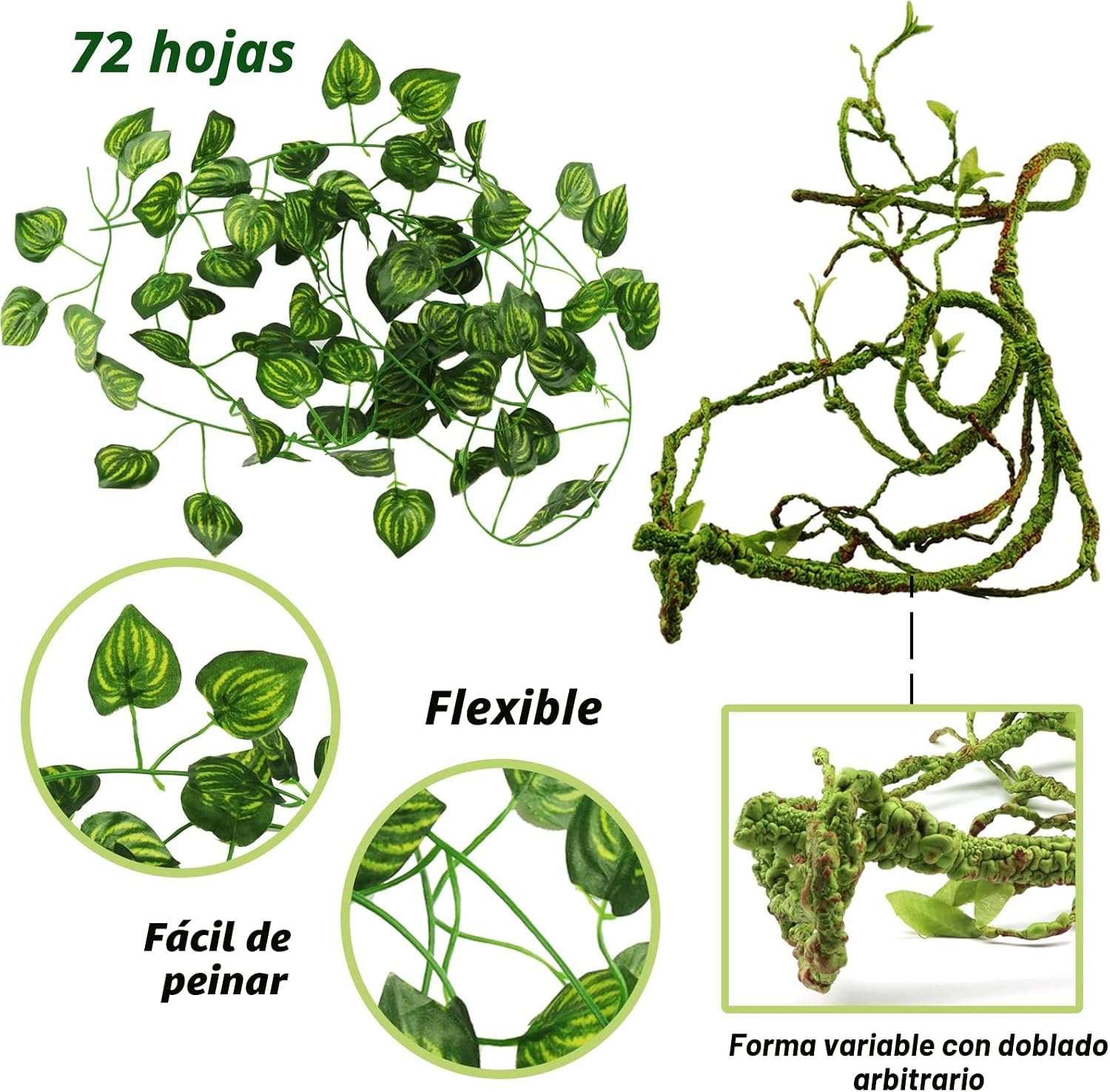 Kit de vides y hojas artificiales flexibles para terrario, con alambre interno y ventosas fuertes para reptiles.