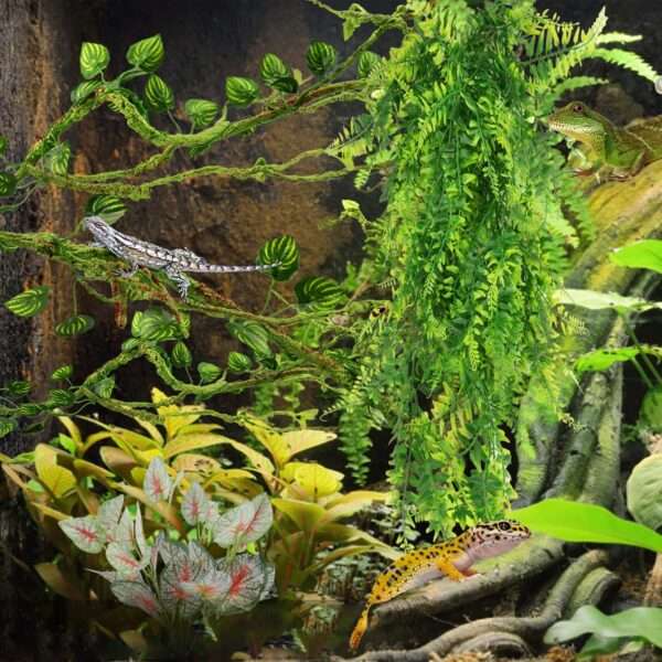 Kit de vides y hojas artificiales flexibles para terrario, con alambre interno y ventosas fuertes para reptiles.