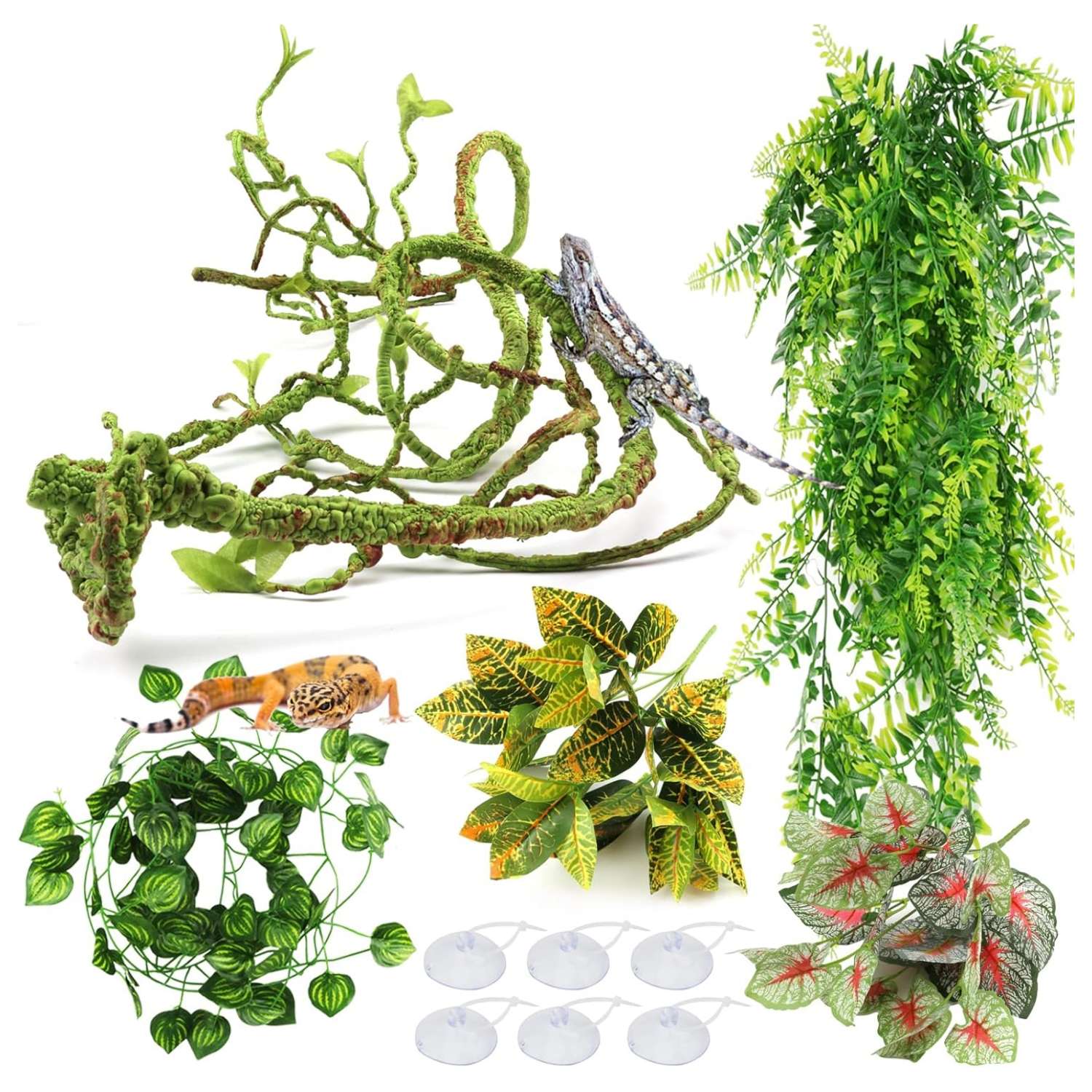 Kit de vides y hojas artificiales flexibles para terrario, con alambre interno y ventosas fuertes para reptiles.